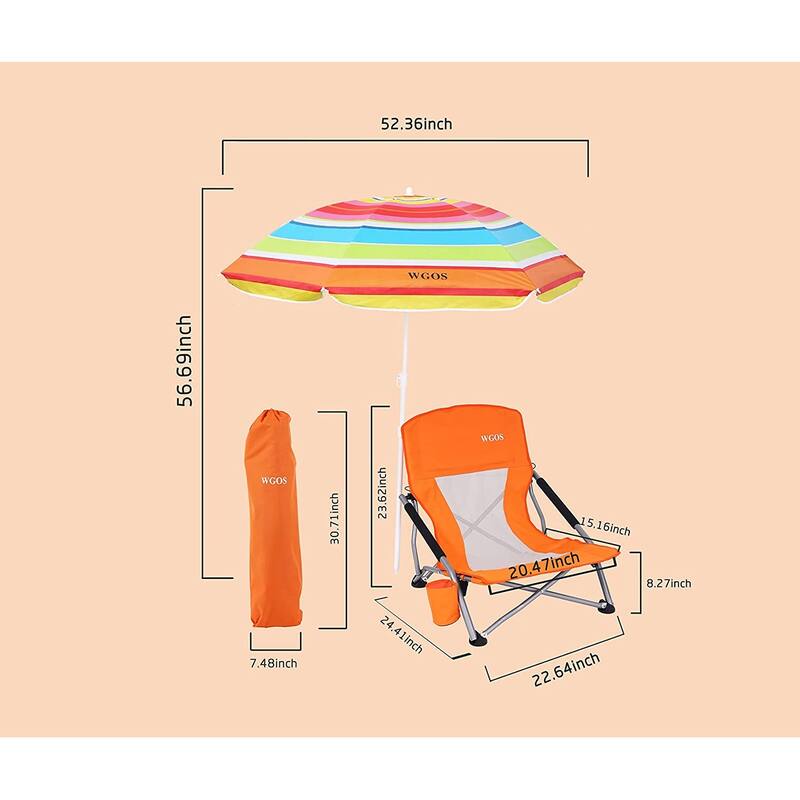 Low Beach Folding Camping Chair with Detachable SPF 50 Umbrella, Armrests with Cup Holder, Portable Lightweight Outdoor