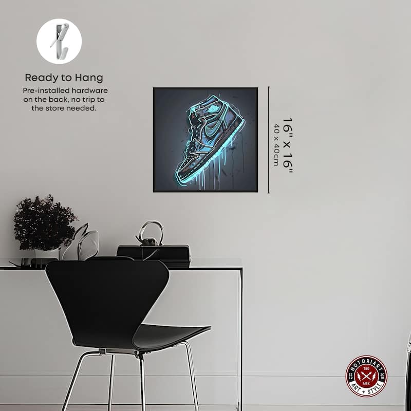 Notoriart Blue Glow Sneaker Framed Sneaker 1 Piece Canvas Wall Art