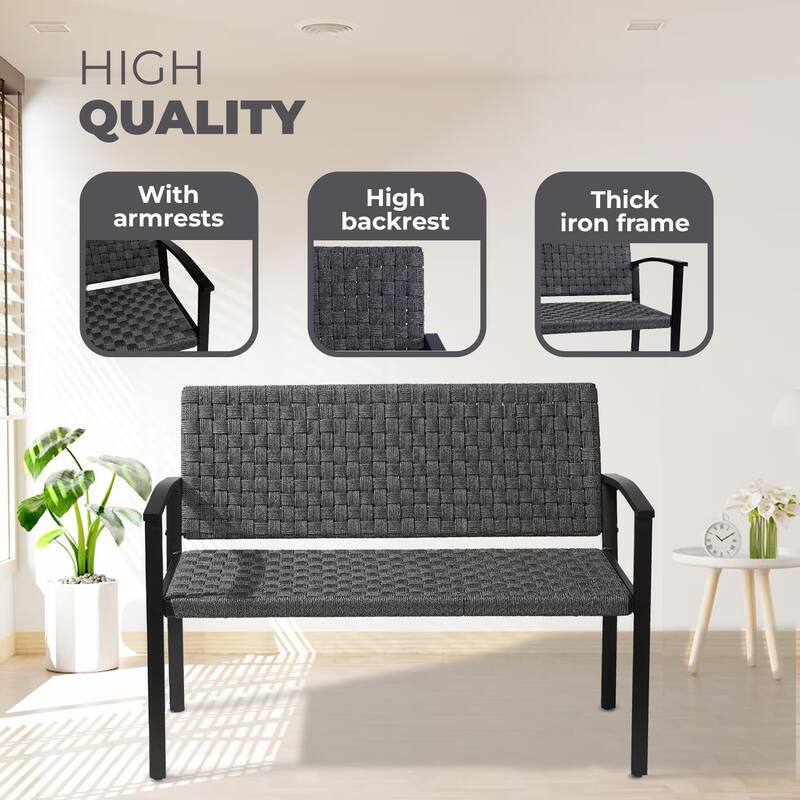 Chelsea Outdoor Rope, Bench Metal Frame & Armrest Patio Bench - Grey