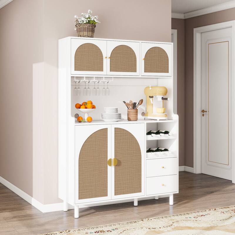 Roomfitters Accent Storage Cabinet with Rattan Doors, Buffet Sideboard with Wine Rack and Drawers, White - White