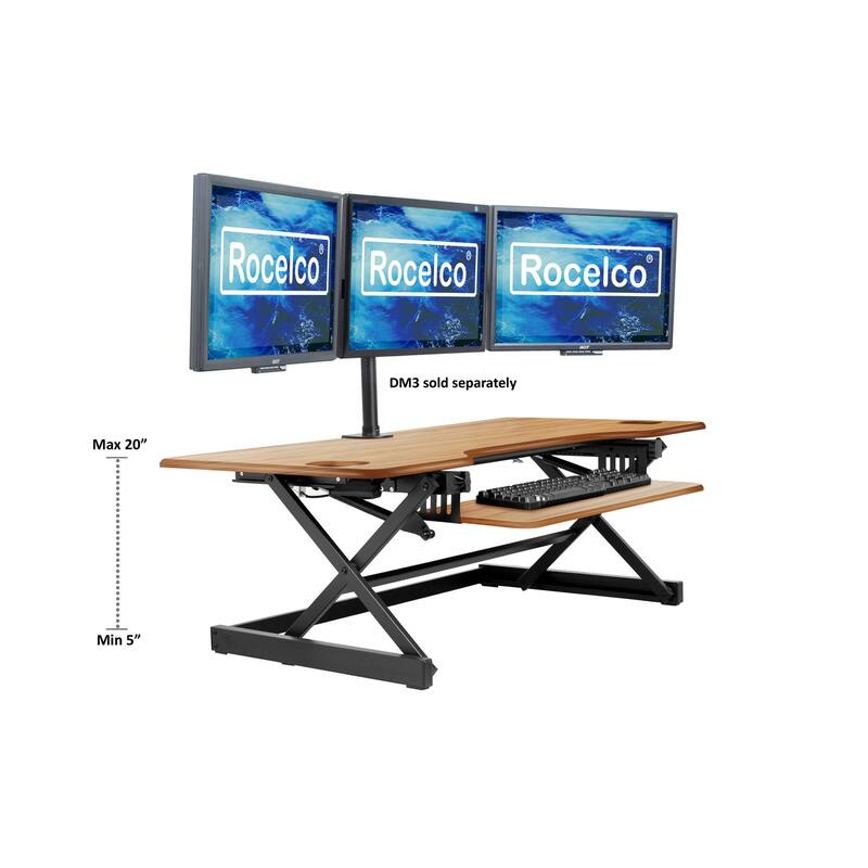 Rocelco 46 in. W Beige Height Adjustable Standing Desk Converter with Anti Fatigue Mat Triple Monitor Riser Keyboard Tray