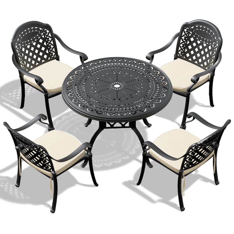 3/5-Piece Cast Aluminum Outdoor Dining Set with 39.37 in. Round Table and Random Color Seat Cushions