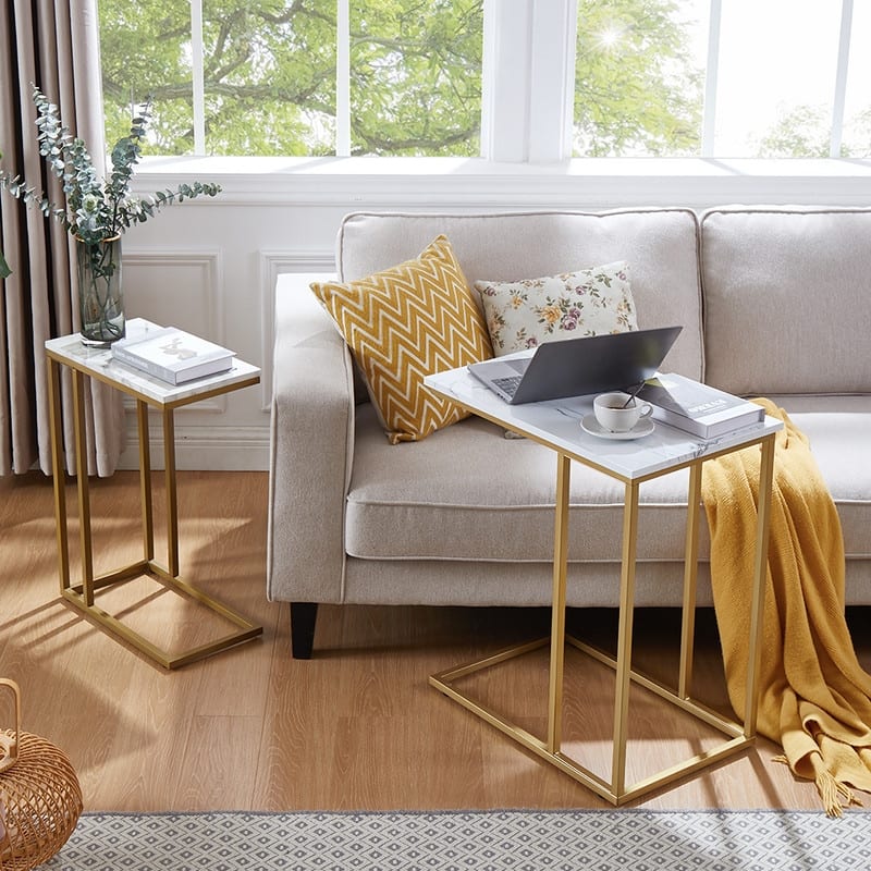 C Shaped End Table for Couch, Narrow Side Table with Adjustable Leg Pads - 23.6''W x 15.7''D