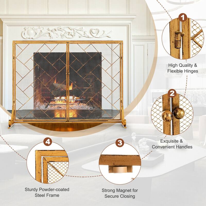 3-Panel Folding Wrought Iron Fireplace Screen with Doors and 4 Pieces Tools Set - 44.5" x 16" x 33.5" (L x W x H)