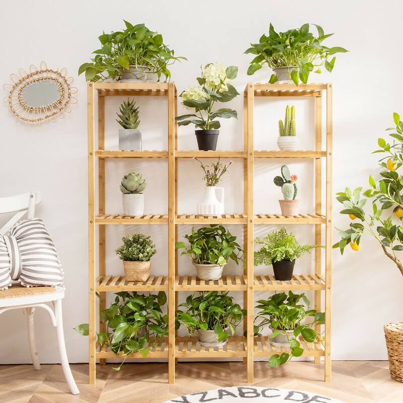 Costway Multifunctional Bamboo Shelf Flower Plant Stand Display - 45.5''L x 12.5'' W x 55.5'' H