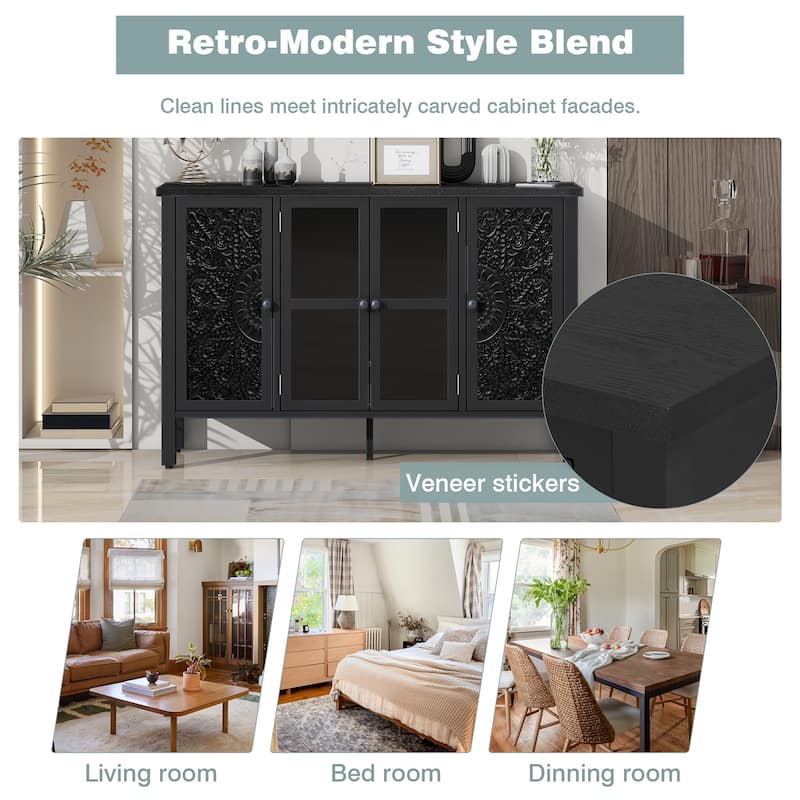 47.2" Retro TV Stand for TVs up to 43'' w/ 3 Cabinets, Glass Doors