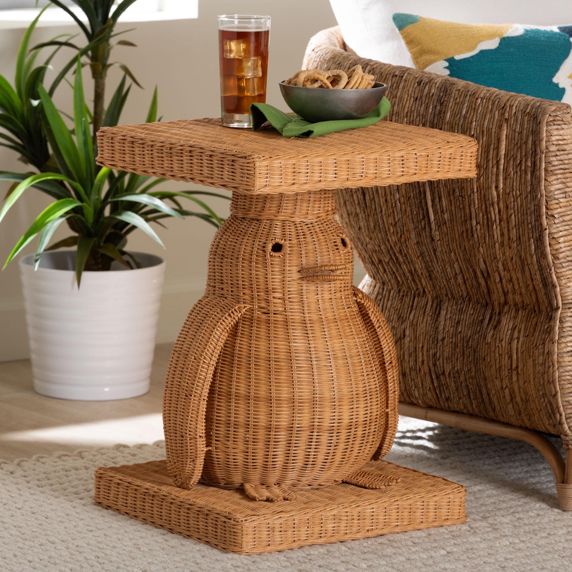 Pembroke Penguin End Table - Handwoven Rattan Sculptural Accent Side Table with Platform Base