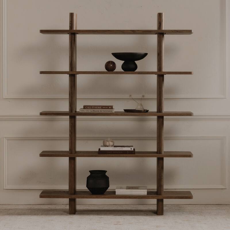 NADAAL STUDIOS Thalor Bookshelf, Large Dark Oak with Bullnose Vertical Supports, Rounded Edges Metal Detail, Dark Brown