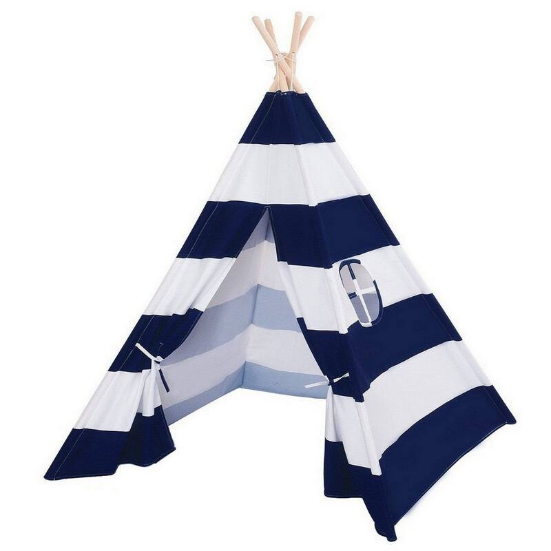 Natural Cotton Canvas Teepee Tent for Kids Indoor & Outdoor Use - BlueWideStripe_2pc