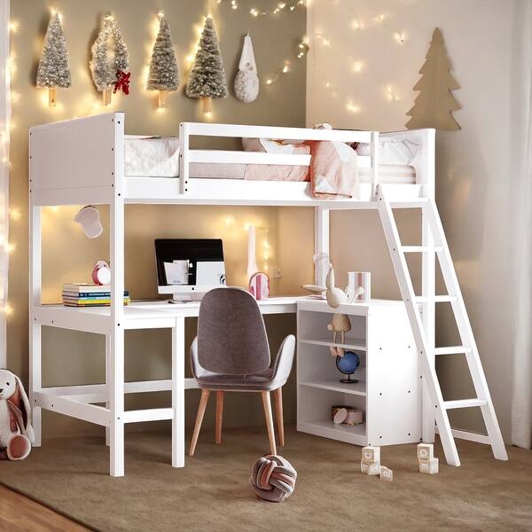 slide 2 of 30, Twin Size Wooden Loft Bed with Ladder, Shelves and Desk, White White