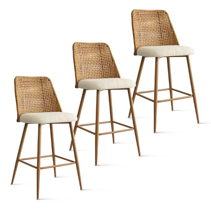 27" Upholstered Boucle Rattan Back Counter Stool