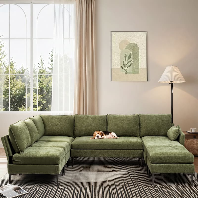 Modern Chenille Sectional Sofa with Reversible Chaise and Ottoman, Perfect for Living Rooms with Sleeper Function - Green - Reversible