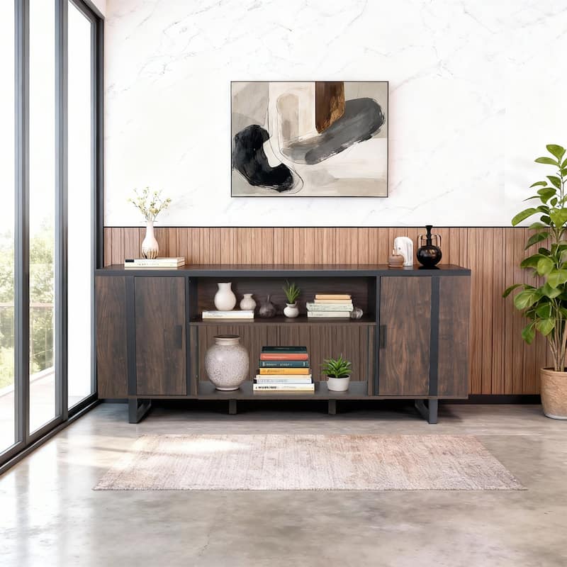 72" Farmhouse Walnut Wood Console TV Stand with Adjustable Shelves