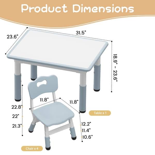 dimension image slide 3 of 4, Kids Table and 4 Chairs Set, Height Adjustable Toddler Table and Chair Set