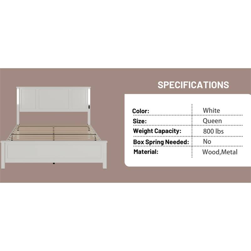 Queen Size LED Platform Bed with Wood Headboard and Charging Station