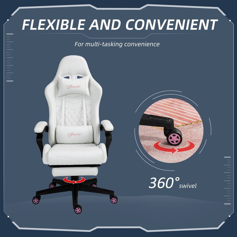 Vinsetto High Back Racing Gaming Chair with Swivel Wheel, PU Leather Recliner Gamer Desk Home Office Chair, White/Pink
