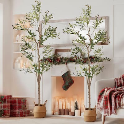 2 Pcs Artificial Olive Tree 59/71 Inch Tall Faux Silk Plant Indoor Fake Potted Tree with Wood Branches and Fruits