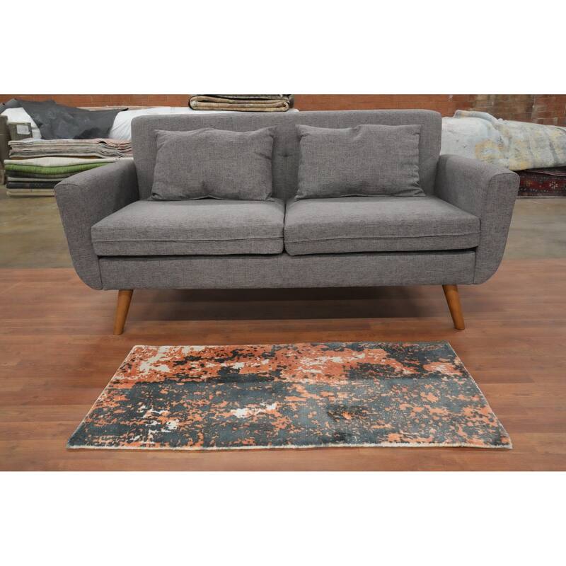 Hand Knotted Oriental Viscose Silk Carpet Modern Abstract Oranges & Rust Abstract Area Rug - 4' 0'' X 2' 0''