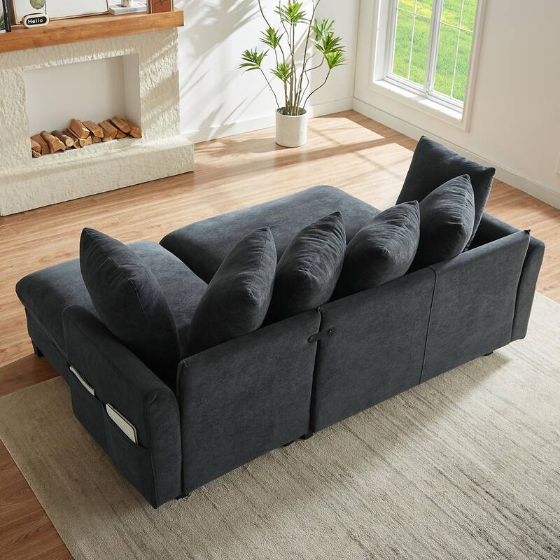 83" L-shaped Sectional Sofa with Storage, Ottoman, Pillows, Black Chenille Upholstery