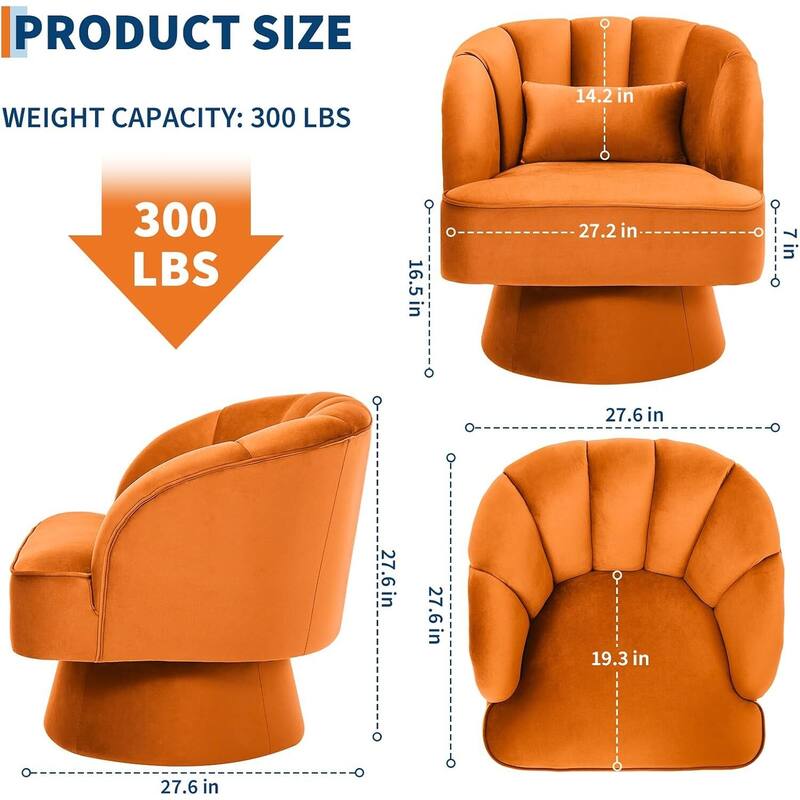 Velvet Upholstered 360° Swivel Accent Chair, Barrel Lounge Chair for Living, Bedroom Reading Nook