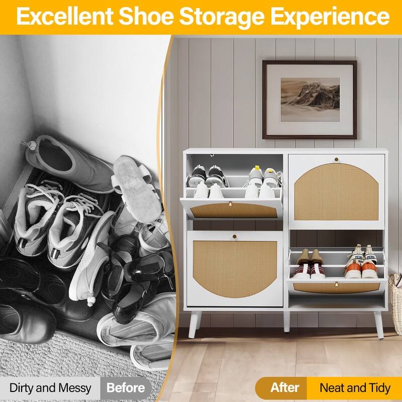 Rattan Shoe Cabinet with 2 / 4 Flip Drawers, Narrow Shoe Storage Cabinet,Organizer for Entryway, Bedroom, Living Room