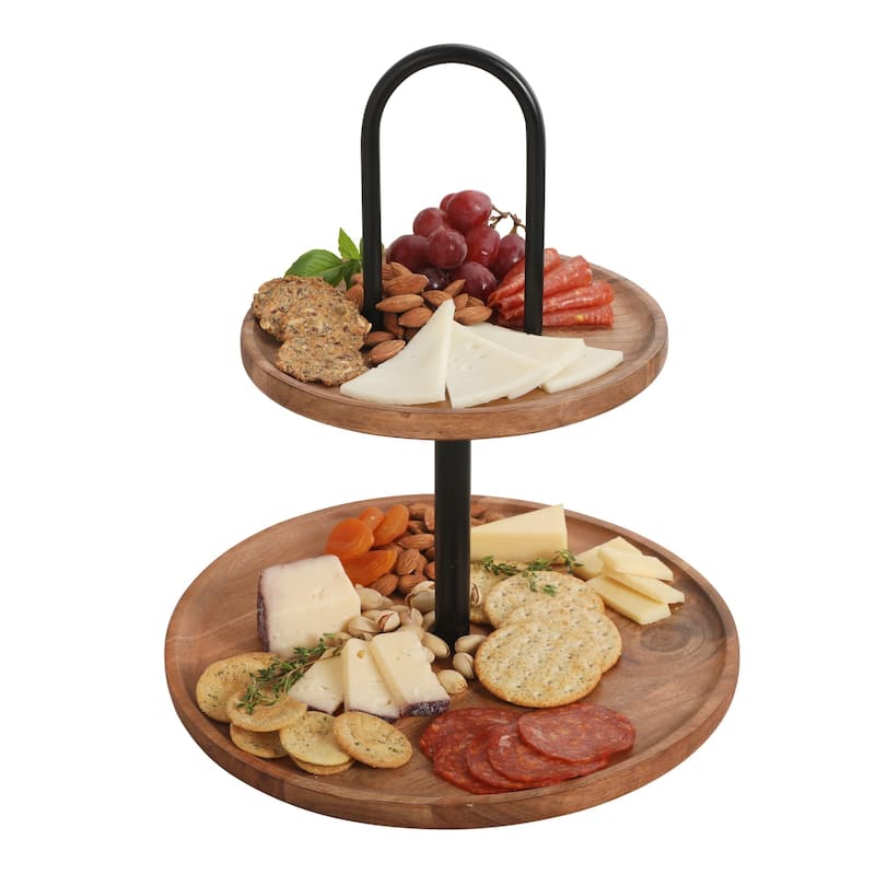 Gibson Home Gracious Dining 2-Tier Round Acacia Wood Serving Tray - 12" x 12" x 13.5"