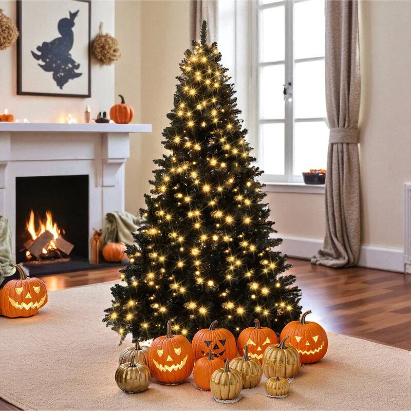 6FT Black Pre-Lit Artificial Christmas Tree with 280 LED Lights, 920 Tips, Hinged Full PVC Tree for Holiday Decoration
