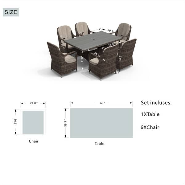 dimension image slide 3 of 4, Abrihome 7-piece Outdoor Wicker Dining Table Set with 6 Eton Chairs