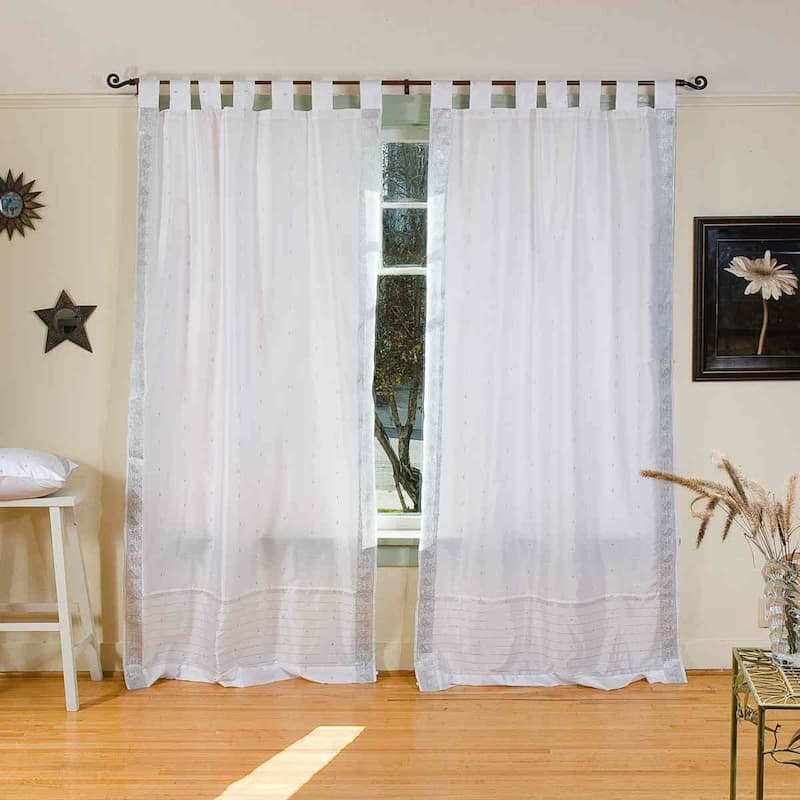White Silver Tab Top Sheer Sari Curtain / Drape / Panel - Pair - Silver - 80" W X 63" L (Lined) - 63 Inches