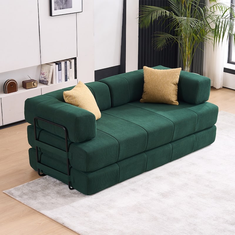 78.5" Folding Sofa Bed with 2 Pillows, Convertible Foam Futon Couch, Corduroy Fold-Out Couch for Living Room, Office