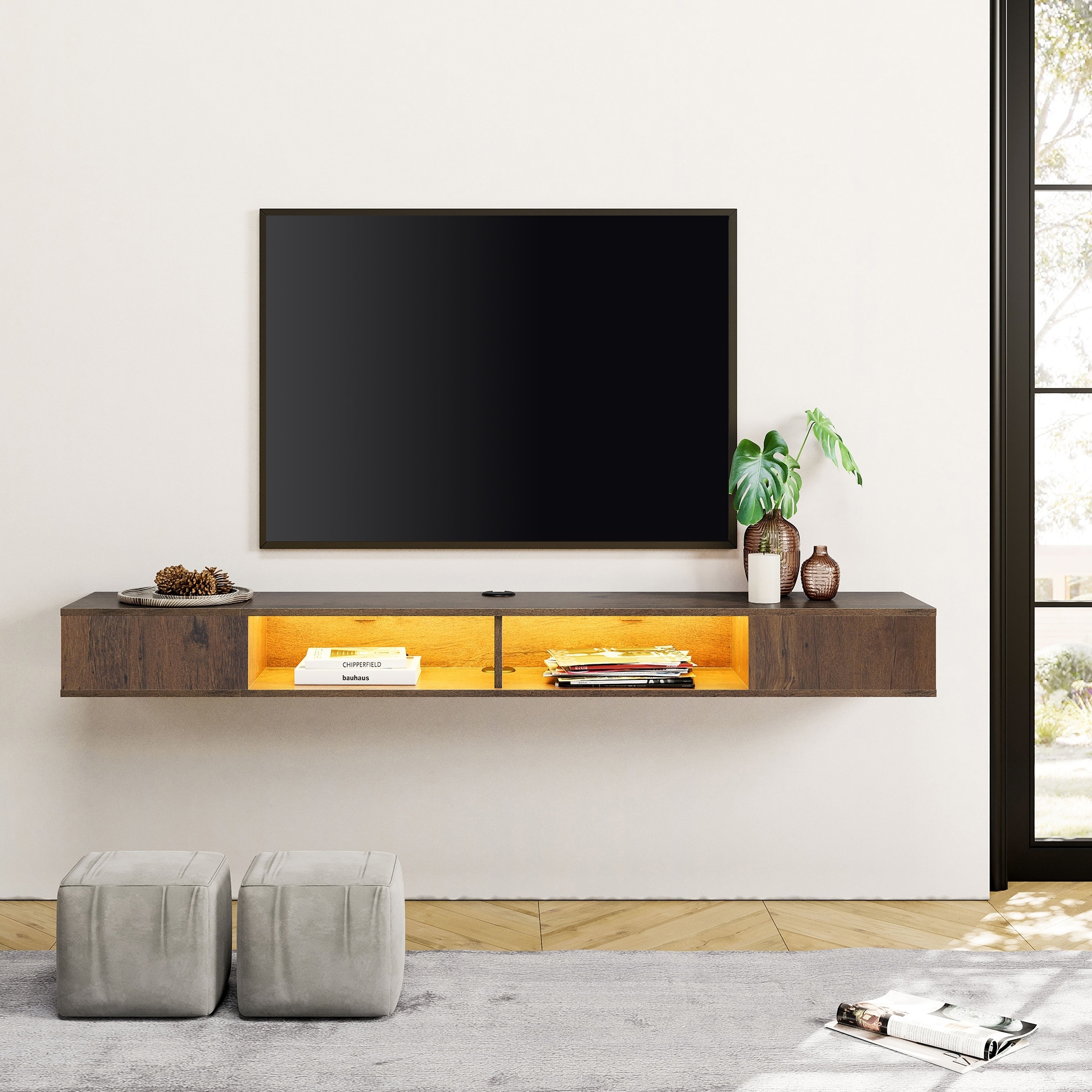 WAMPAT 70 inch Floating TV Shelf for Wall with LED Light for Living Room - 70 inch