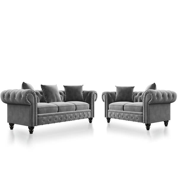 2 Pieces Tufted Velvet Upholstered Loveseat 3 Seat Sofa Roll Arm Classic Sofa Set With 5 Pillows Included Overstock 32263491