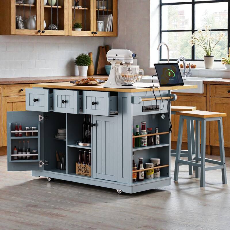 53" Large Kitchen Island with Drop Leaf, Power Outlet, Rolling Cart with Internal Door Racks, Wheels