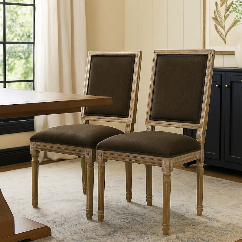 Kevin Dining Chair Set of 2, Brown Fabric Padded Seat, Natural Wood