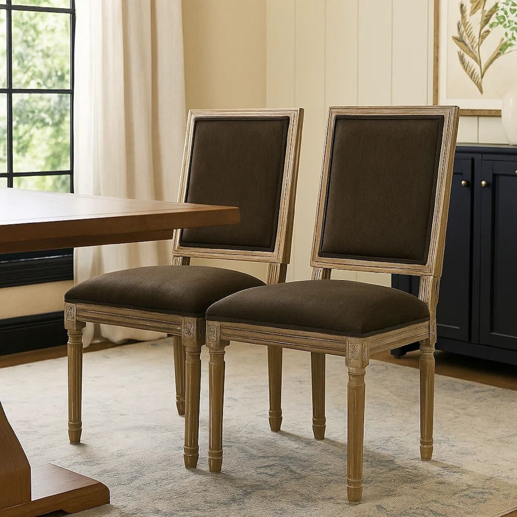 Kevin Dining Chair Set of 2, Brown Fabric Padded Seat, Natural Wood