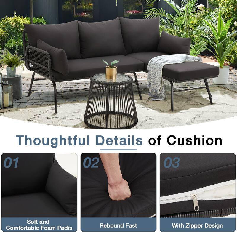 Sectional Wicker Conversation Sofa Set, 3 Piece Patio Furniture Set with Thick Cushions and Toughened Glass Coffee Table