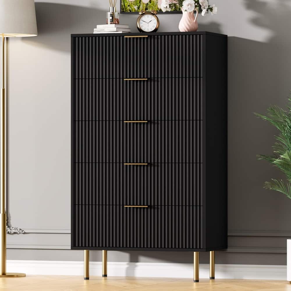 5 Drawer Fluted Dresser for Bedroom, Modern Wooden Storage Chest with Gold Handles