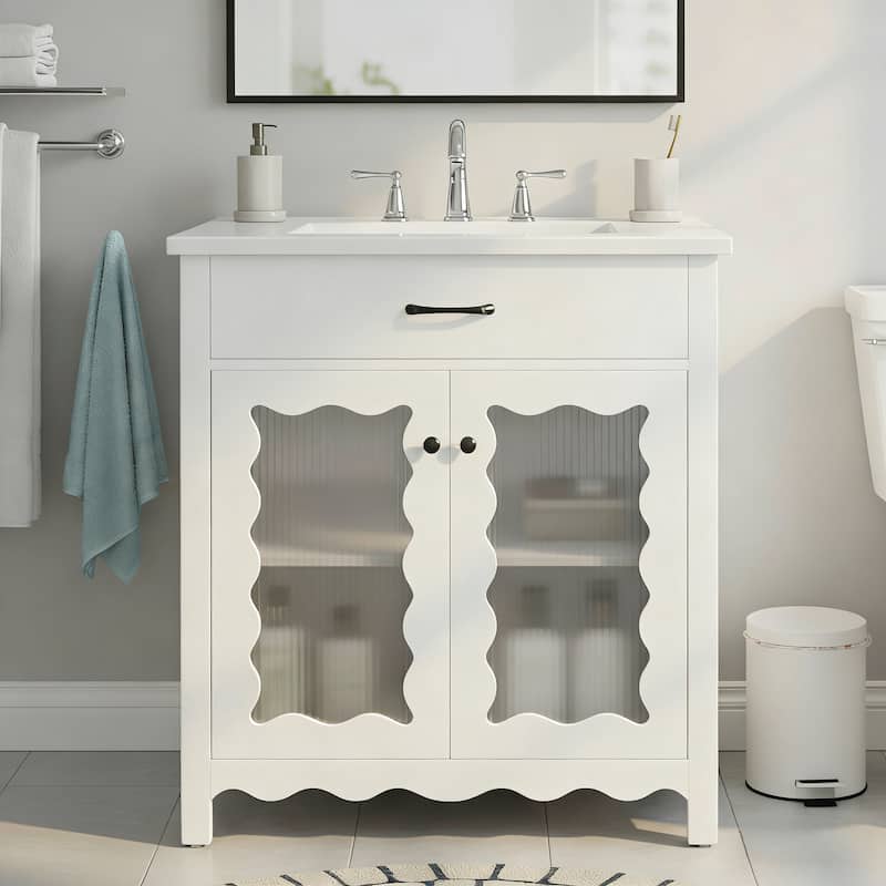 Christopher Knight Home - Alaric 31" Bathroom Vanity with Ceramic Sink and Tempered Glass Door - White