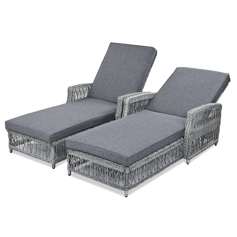 2 Pieces Outdoor Wicker Long Reclining Chaise with Soft Removable Cushions and Armrests