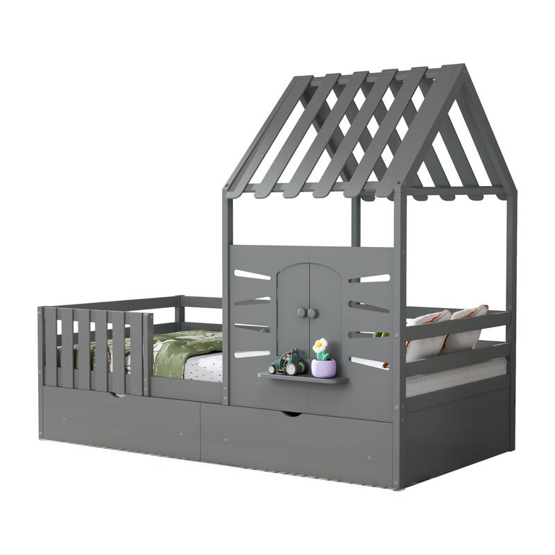 Twin Size House Bed Wood Kids Bed Frame with 2 Storage Drawers, Window and Guardrails for Bedroom, Easy Assembly