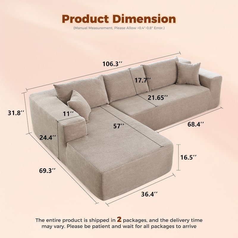HOOOWOOO Modern L-Shaped Sectional Sofa Corduroy Upholstery Couch with Pillows