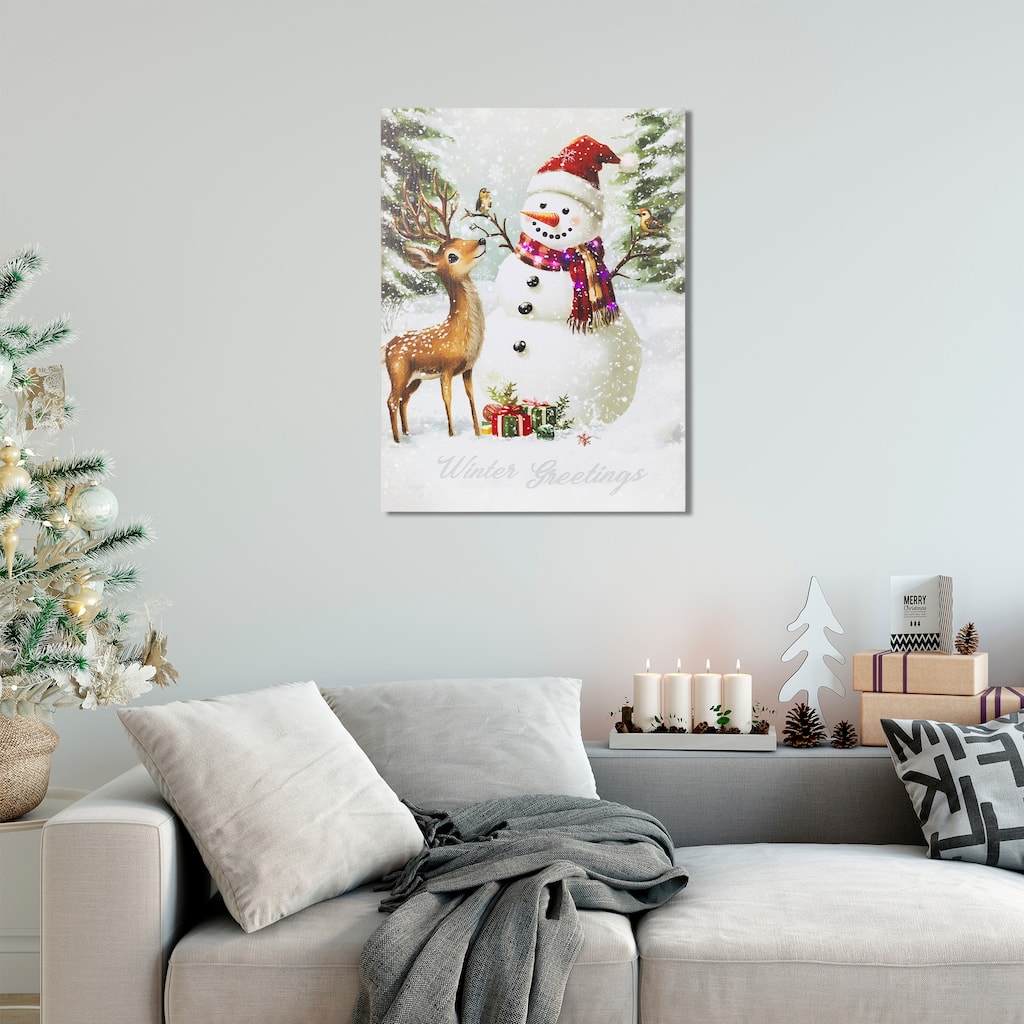 LED Lighted Snowman Reindeer Christmas Canvas Wall Art 15.75 x 11.75