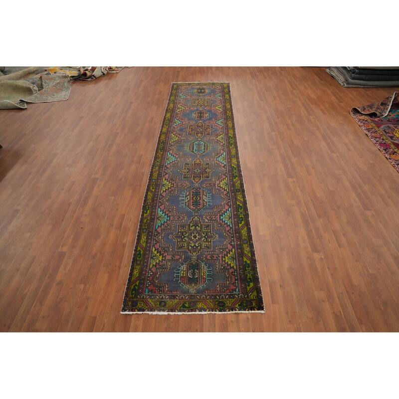 Hand Knotted Oriental 100% Wool Carpet Traditional Geometric Navy Blue & Blues Heriz Runner Rug - 14' 3'' X 3' 5''