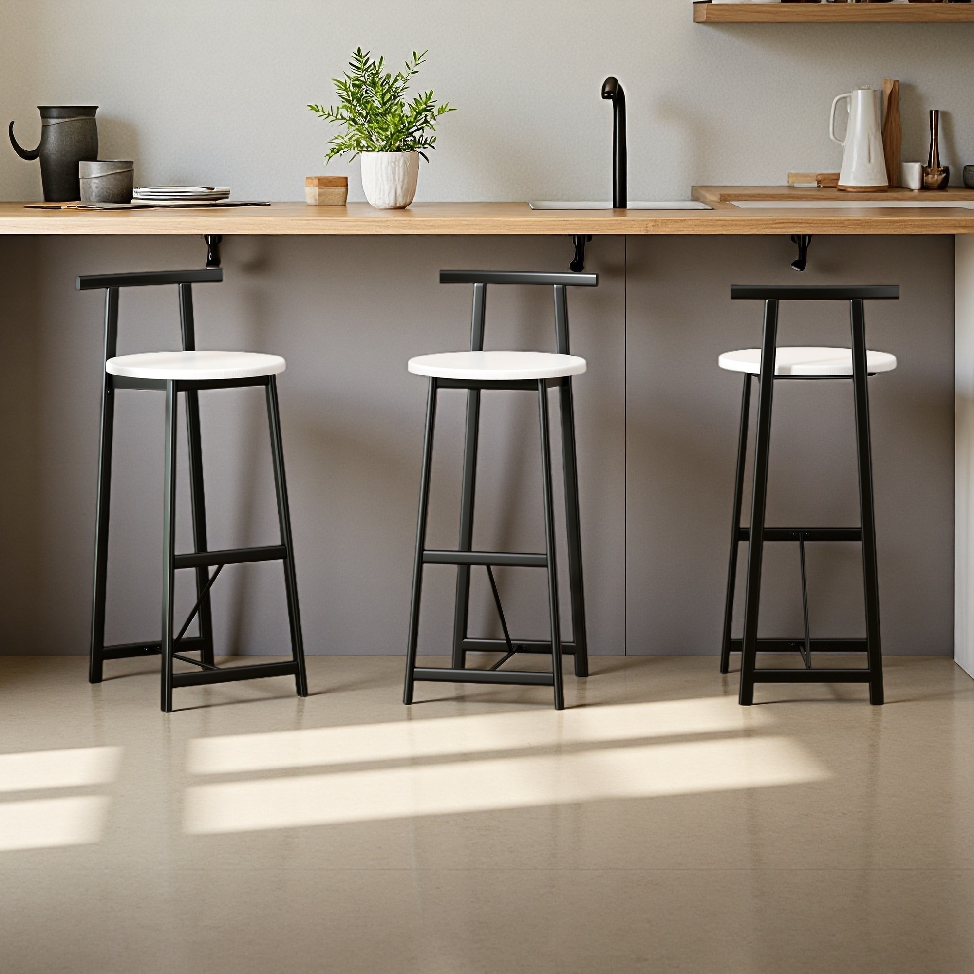 34"H Set of 3 Walnut MDF Bar Stools with Backrest Modern Armless Counter Height Dining Chairs with Footrest and Metal Frame