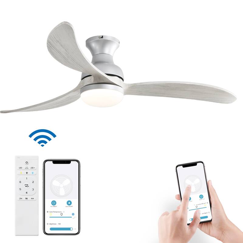 52 inch Smart Ceiling Fan Light with Remote Control with 3 Wood Blades,Flush Mount,Dimmable LED - 52 inch