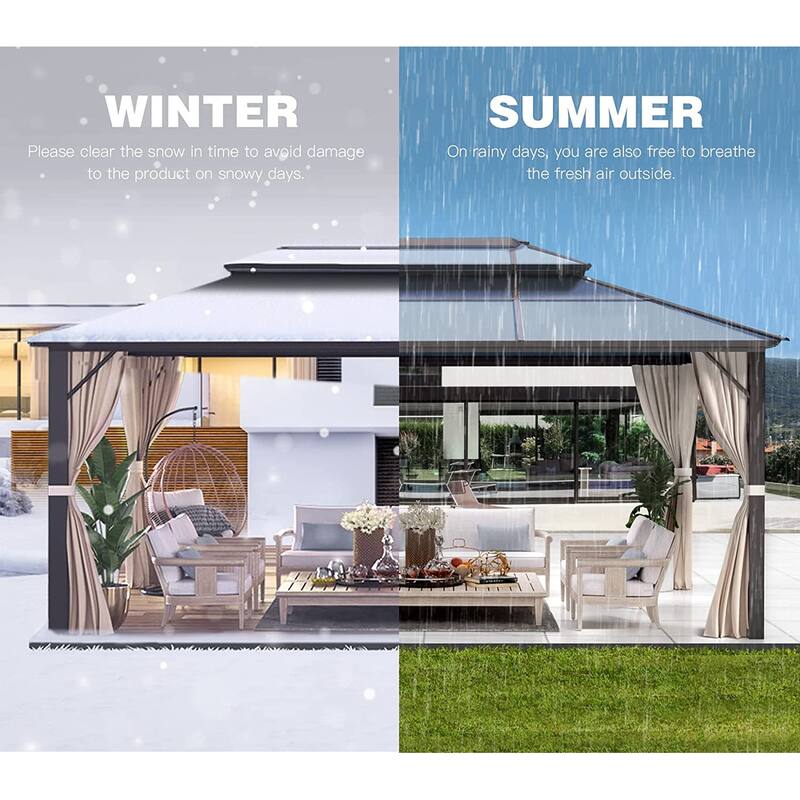 Outdoor Pro Series Galvanized Steel Hardtop Patio Gazebo Pergola w/Aluminum Frame, Prime Curtains and nettings include