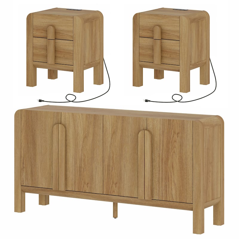 WAMPAT 3 Pcs Bedroom Set,Mid Century Dresser And Nightstand Sets For Bedroom, Night Stand Set Of 2, Modern Dresser