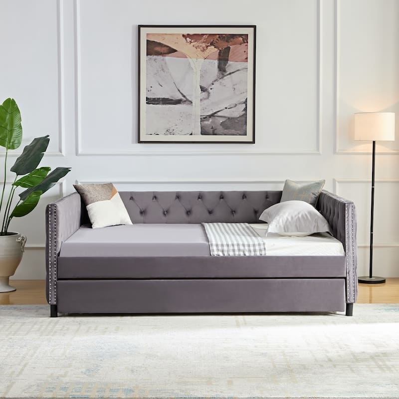 Velvet Upholstered Wooden Daybed with Trundle