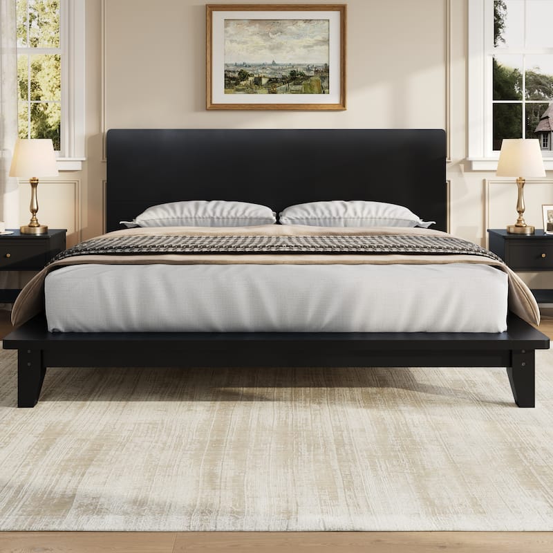 Low-Profile Platform Bed Frame with Headboard, Wood Slat Support, Wingback Panel Bed