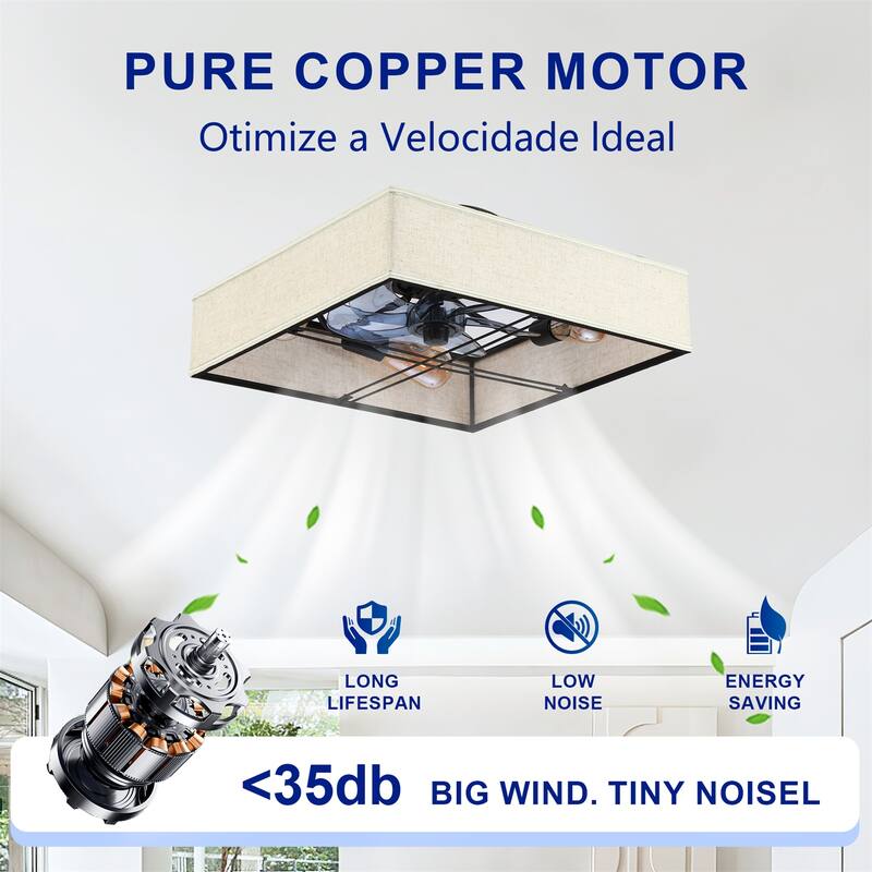 16.6" Fabric Flush Mount Ceiling Fan w/ Reversible Motor, DC Remote Control, NOT Included Bulbs